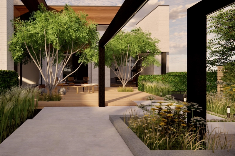 Uudiskohteen pihasuunnitelma Espoo: lapsiperheen piha, terassi, oleskelupiha, leikkialue, pergola