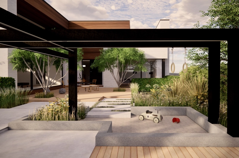 Uudiskohteen pihasuunnitelma Espoo: lapsiperheen piha, terassi, oleskelupiha, leikkialue, pergola