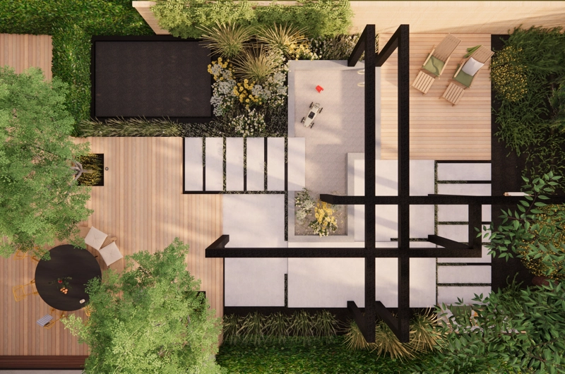 Uudiskohteen pihasuunnitelma Espoo: lapsiperheen piha, terassi, oleskelupiha, leikkialue, pergola