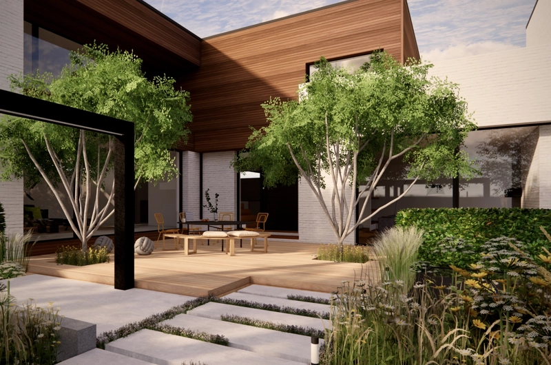 Uudiskohteen pihasuunnitelma Espoo: lapsiperheen piha, terassi, oleskelupiha, leikkialue, pergola