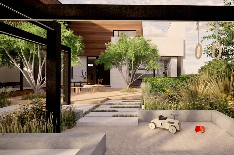 Uudiskohteen pihasuunnitelma Espoo: lapsiperheen piha, terassi, oleskelupiha, leikkialue, pergola