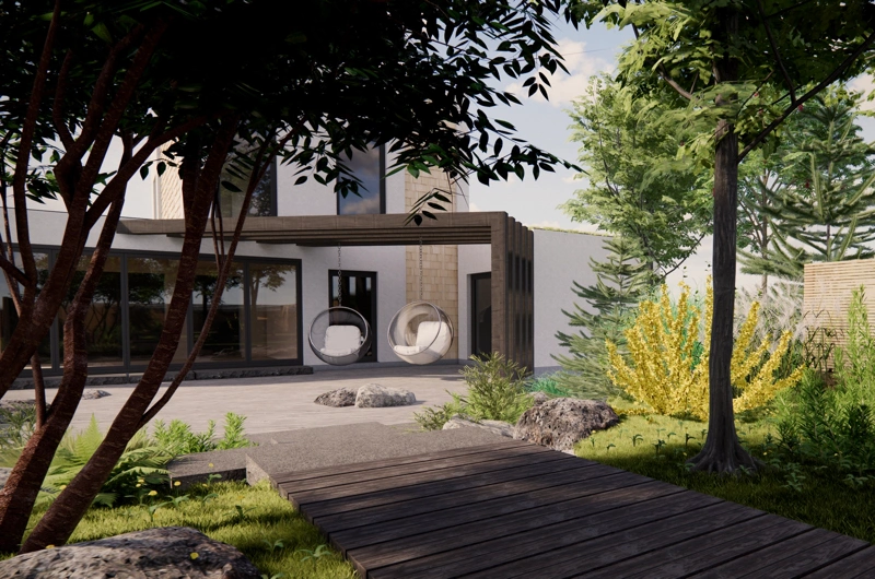 Uudiskohteen pihasuunnitelma Oulu: ekologinen pihasuunnitelma, luonnonmukainen piha, moderni piha