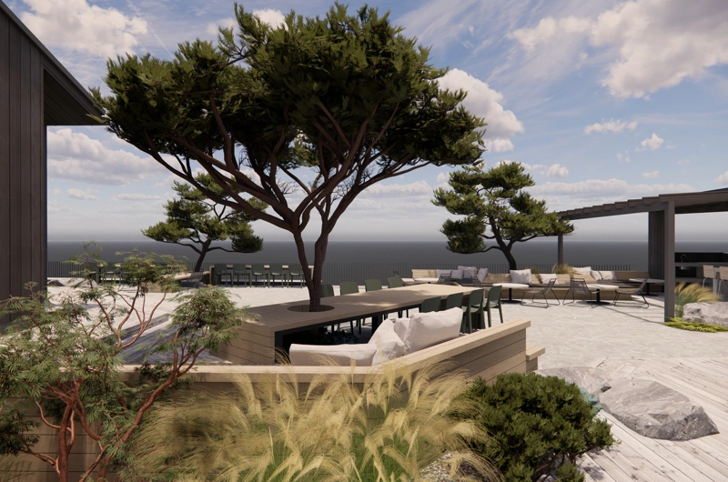 Terrace with planting area in a new development landscape design in Uusimaa – modern outdoor space.