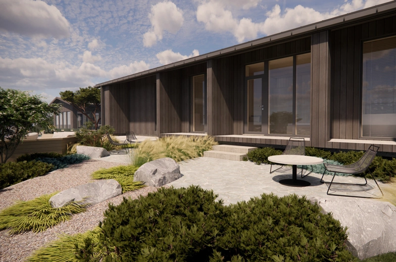 Vacation home and hotel room with paved courtyard and planting area in a landscape design in Uusimaa – modern outdoor space.
