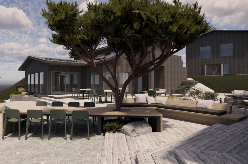 Lounge dining area with outdoor sofa on a terrace in a landscape design in Uusimaa.