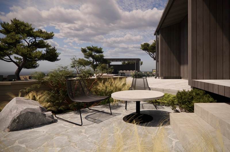 Patio with paved courtyard and lounge area in a landscape design in Uusimaa – modern outdoor living space.