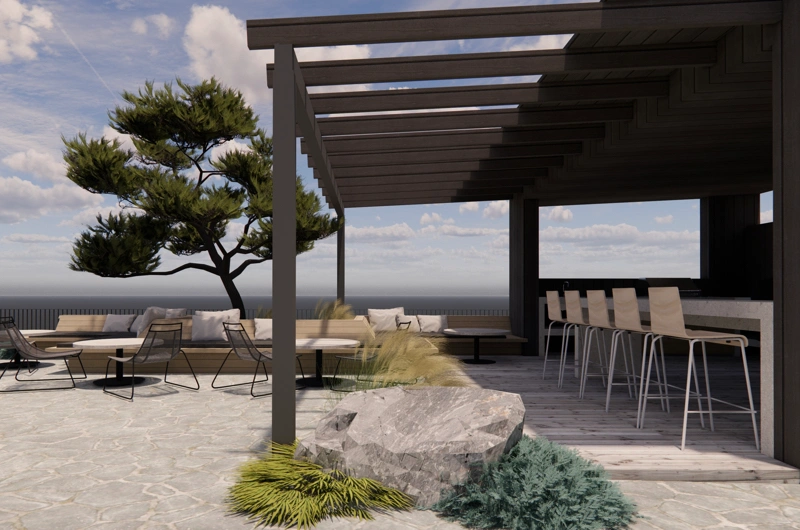 Pergola lounge area with outdoor sofa and serving area in a landscape design in Uusimaa – modern outdoor gathering space.