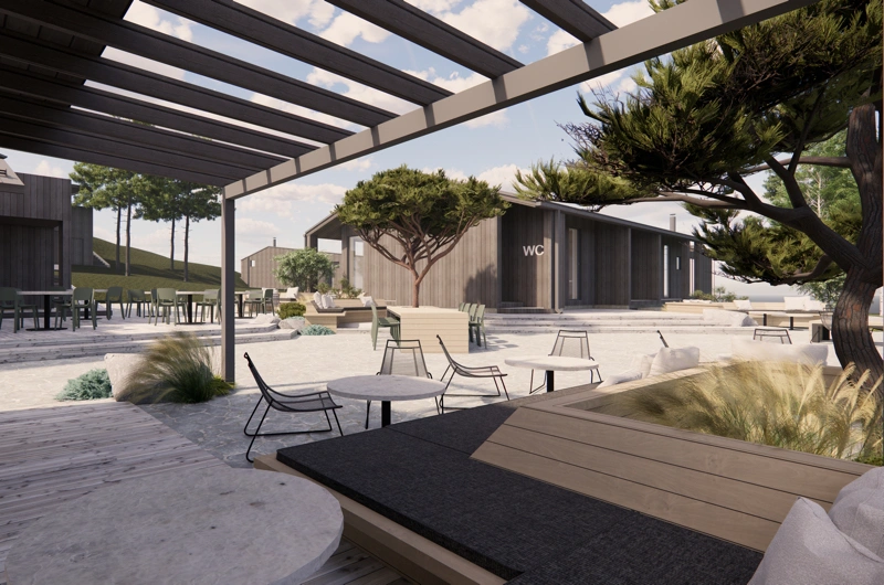 Pergola restaurant patio and terrace in a landscape design in Porvoo – modern outdoor dining area.