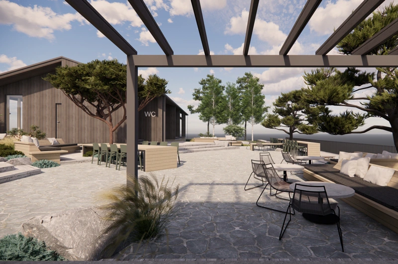 Pergola restaurant terrace in a new development landscape design in Uusimaa – patio and inviting outdoor area.