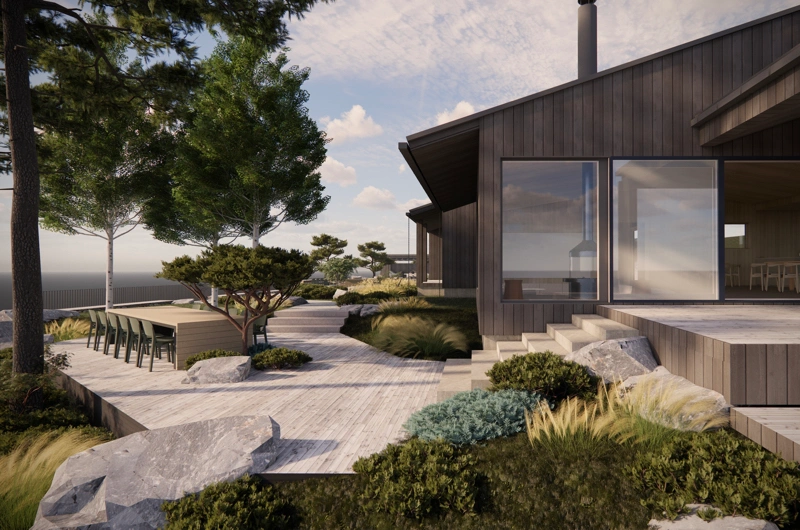 Terrace and lounge area in a modern new development landscape design in Uusimaa – stylish outdoor living space.”