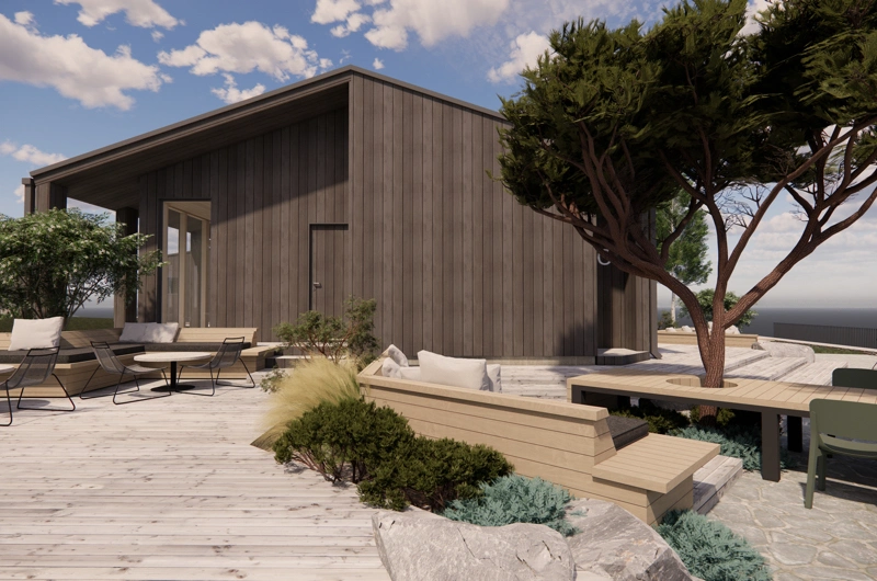 Terrace in a new development landscape design in Uusimaa – modern outdoor living area.