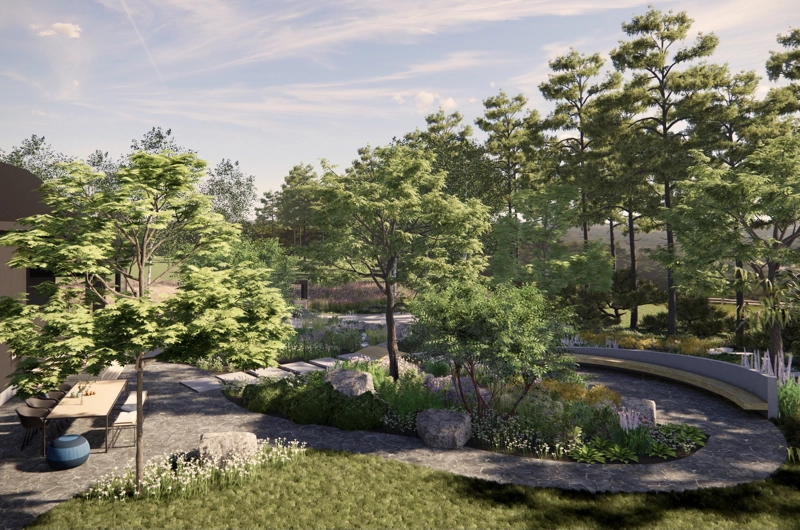 Uudiskohteen pihasuunnitelma Oulu: sadepuutarha, dynaamiset istutusalueet, oleskelualue, terassi, askelpolku, pihakiveys