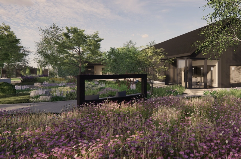 Uudiskohteen pihasuunnitelma Oulussa: sadepuutarha, dynaamiset istutusalueet, oleskelualue, terassi, askelpolku, pihakiveys