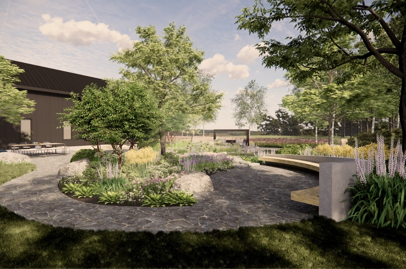 Uudiskohteen pihasuunnitelma Oulussa: sadepuutarha, dynaamiset istutusalueet, oleskelualue, terassi, askelpolku, pihakiveys