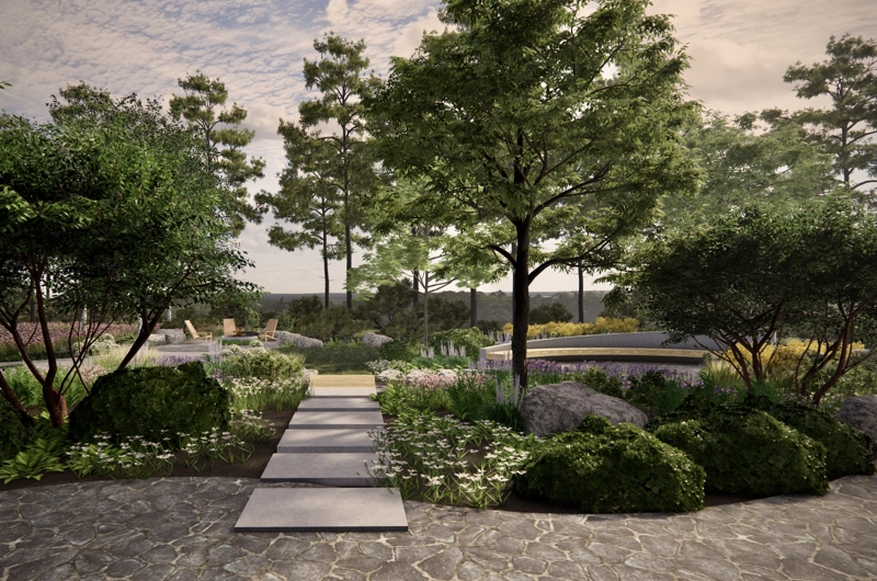 Uudiskohteen pihasuunnitelma Oulussa: sadepuutarha, dynaamiset istutusalueet, oleskelualue, terassi, askelpolku, pihakiveys