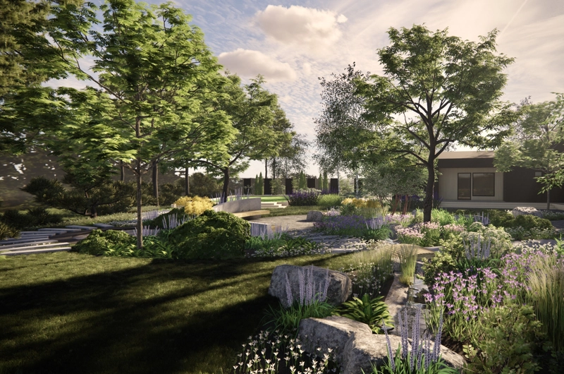 Uudiskohteen pihasuunnitelma Oulussa: sadepuutarha, dynaamiset istutusalueet, oleskelualue, terassi, askelpolku, pihakiveys