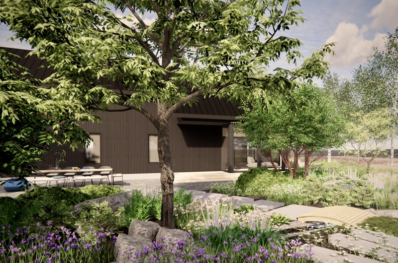 Uudiskohteen pihasuunnitelma Oulu: sadepuutarha, dynaamiset istutusalueet, oleskelualue, terassi, askelpolku, pihakiveys