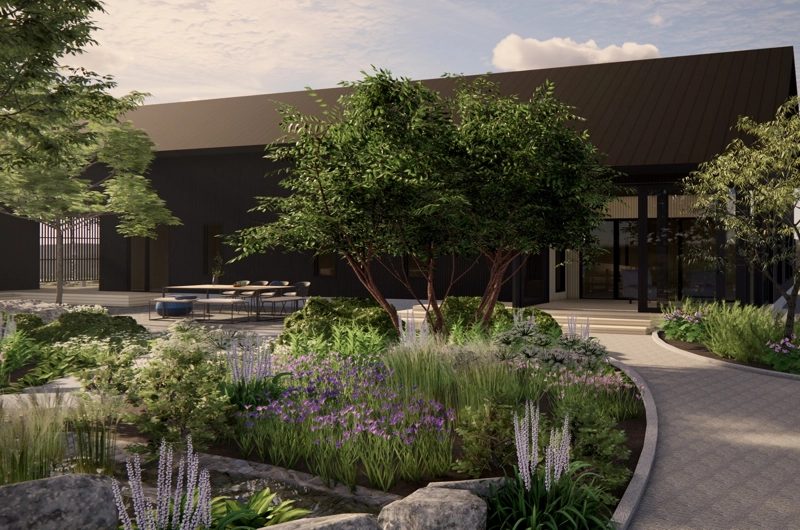 Uudiskohteen pihasuunnitelma Oulu: sadepuutarha, dynaamiset istutusalueet, oleskelualue, terassi, askelpolku, pihakiveys