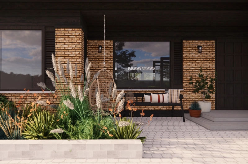 Pihasuunnitelma Espoo: oleskelualue, askelpolku, istutusalue, pergola, sisäänkäyntipiha