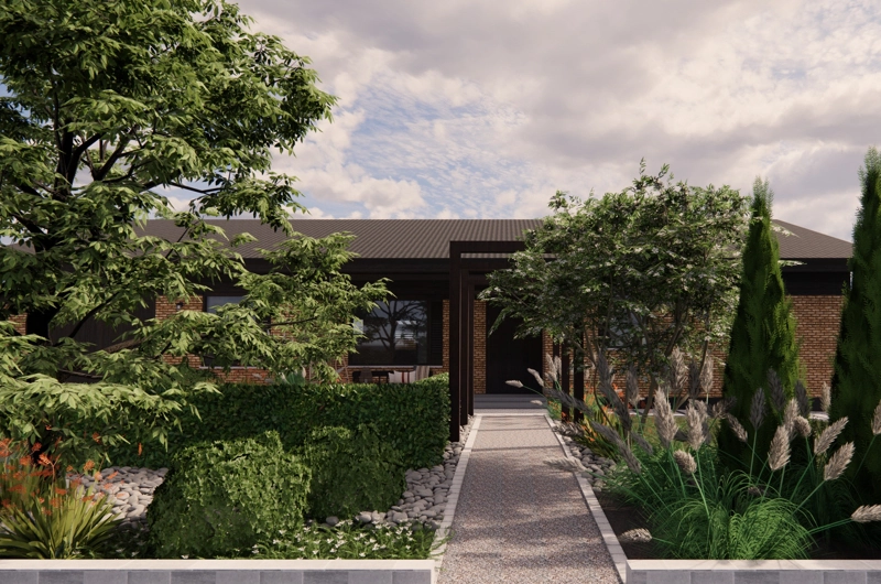 Pihasuunnitelma Espoo: oleskelualue, askelpolku, istutusalue, pergola