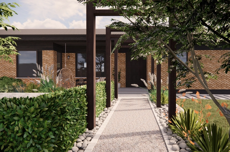 Pihasuunnitelma Espoo: oleskelualue, askelpolku, istutusalue, pergola, sisäänkäyntipiha