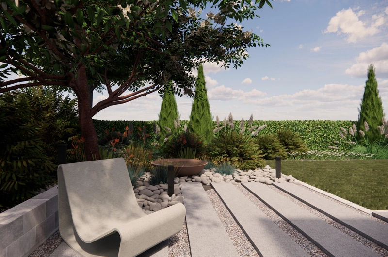 Pihasuunnitelma Espoo: oleskelualue, askelpolku, istutusalue, pergola