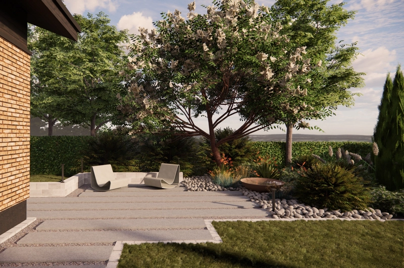 Pihasuunnitelma Espoo: oleskelualue, askelpolku, istutusalue, pergola