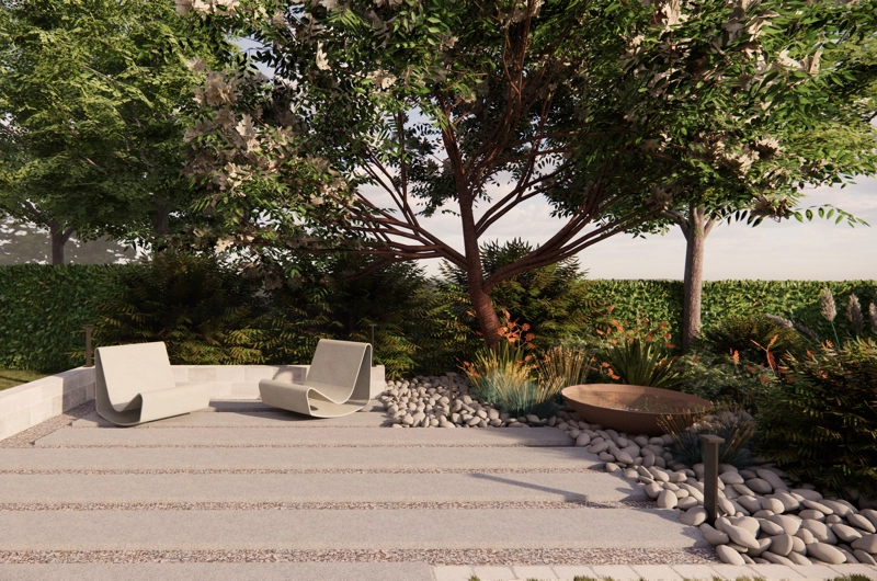 Pihasuunnitelma Espoo: oleskelualue, askelpolku, istutusalue, pergola