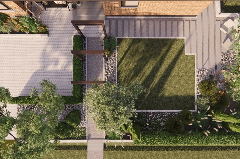 1960-luvun tiilitalon pihasuunnitelma Espoossa: vanhan pihan kunnostus, oleskelualue, askelpolku, istutusalue