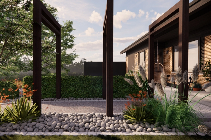 Pihasuunnitelma Espoo: oleskelualue, askelpolku, istutusalue, pergola