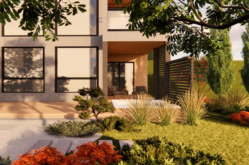 Pihasuunnittelijan toteuttama moderni piha Jyväskylässä – terassi, istutusalue, rimoitus-näkösuoja ja poreallas viihtyisällä terassilla.