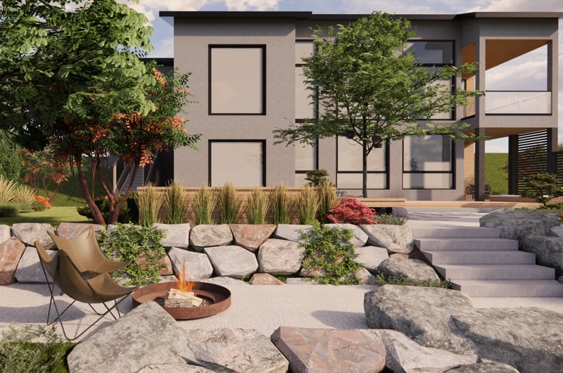 Uudiskohteen pihasuunnitelma Jyväskylä: rinnepihan pihasuunnitelma sisältää kivimuurilla rajatun nuotialueen ja viihtyisän oleskelupihan terassilla ja pihakiveyksellä.