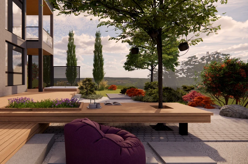 Uudiskohteen pihasuunnitelma Jyväskylä: rinnepihan pihasuunnitelma, jossa yhdistyvät toimivuus ja esteettisyys.