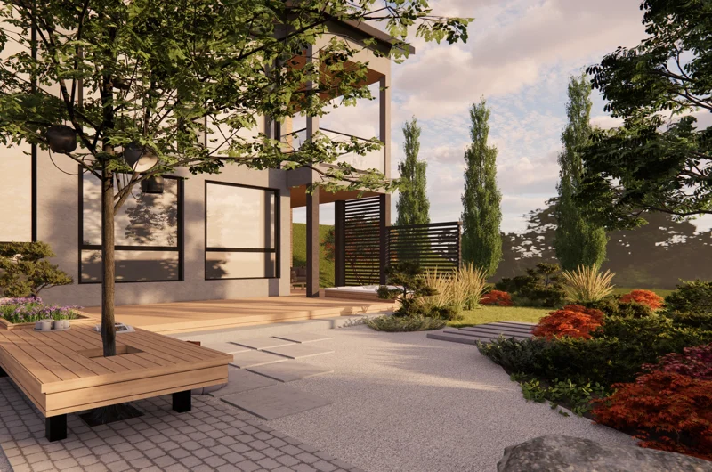 Moderni uudiskohteen pihasuunnitelma Jyväskylässä – pihalaatat, askelpolku, istutusalueet ja huoliteltu pihakiveys.