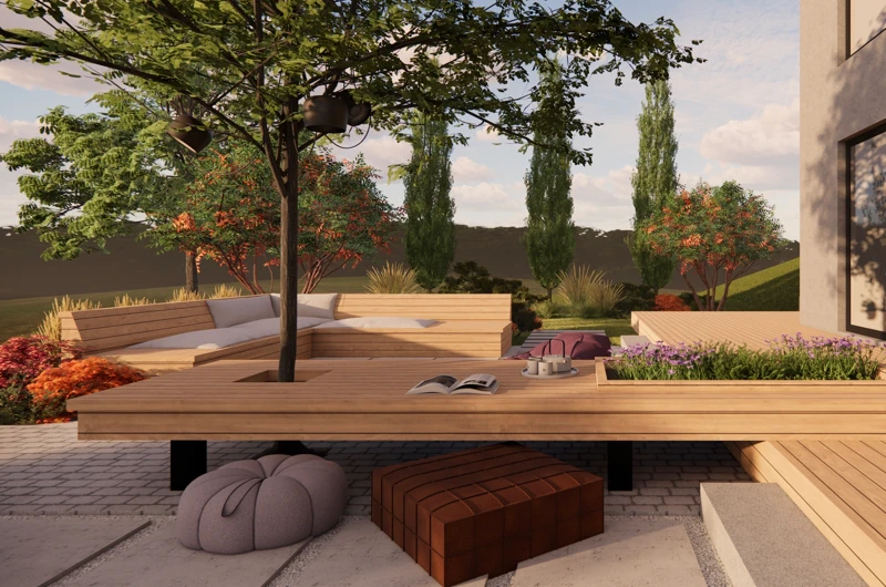 Moderni rinnepiha Jyväskylässä – oleskelupiha, terassi ja ulkoruokailualue toiminnallisessa pihasuunnitelmassa.