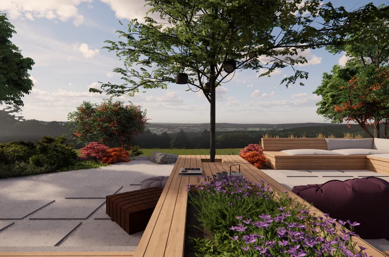 Terassi ja ulkoruokailualue Jyväskylässä pihasuunnittelijan toteuttamana – ruokapöytä ja huoliteltu pihakiveys modernissa pihasuunnitelmassa.