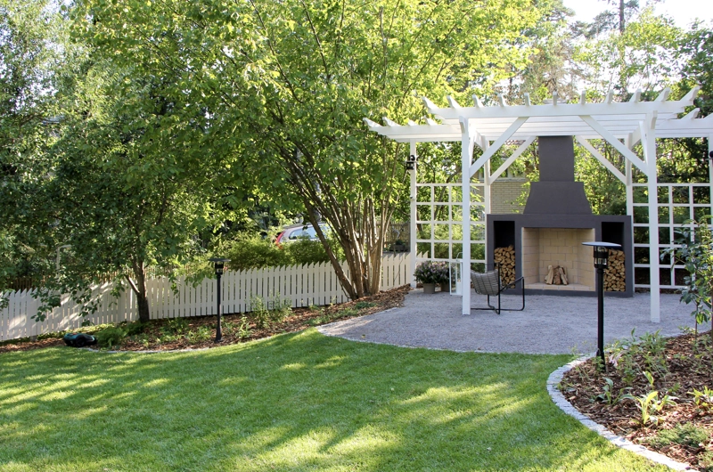 Villa garden design in Espoo: garden renovation, romantic garden, outdoor fireplace