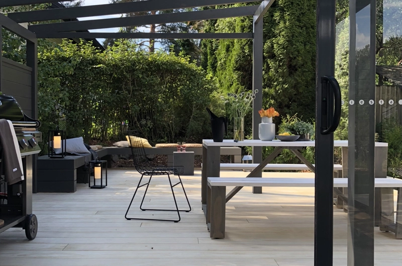 Post-war house garden design in Helsinki: garden renovation, terrace, outdoor living area, pergola