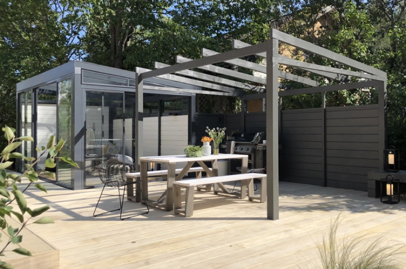 Post-war house garden design in Helsinki: garden renovation, terrace, outdoor living area, pergola