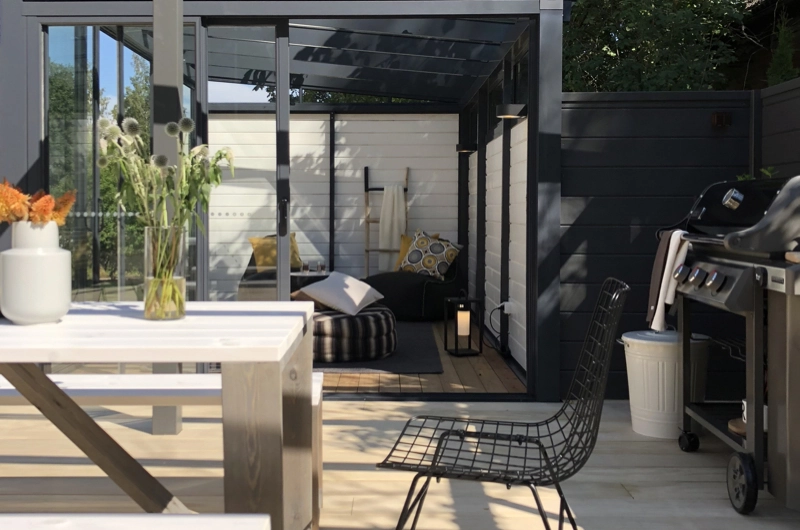 Post-war house garden design in Uusimaa: garden renovation, terrace, outdoor living area, pergola